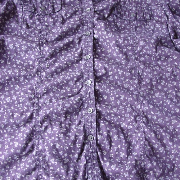 Purple Dainty Floral Long Adjustable Sleeve Ruche Button Front Scallop Hem Large - Picture 10 of 16